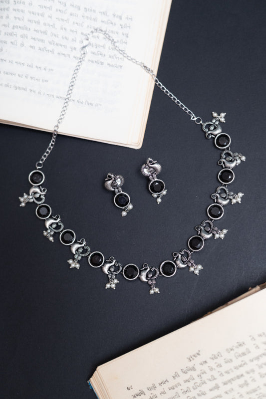 Ethnic Peacock & Stone German Silver Necklace Set
