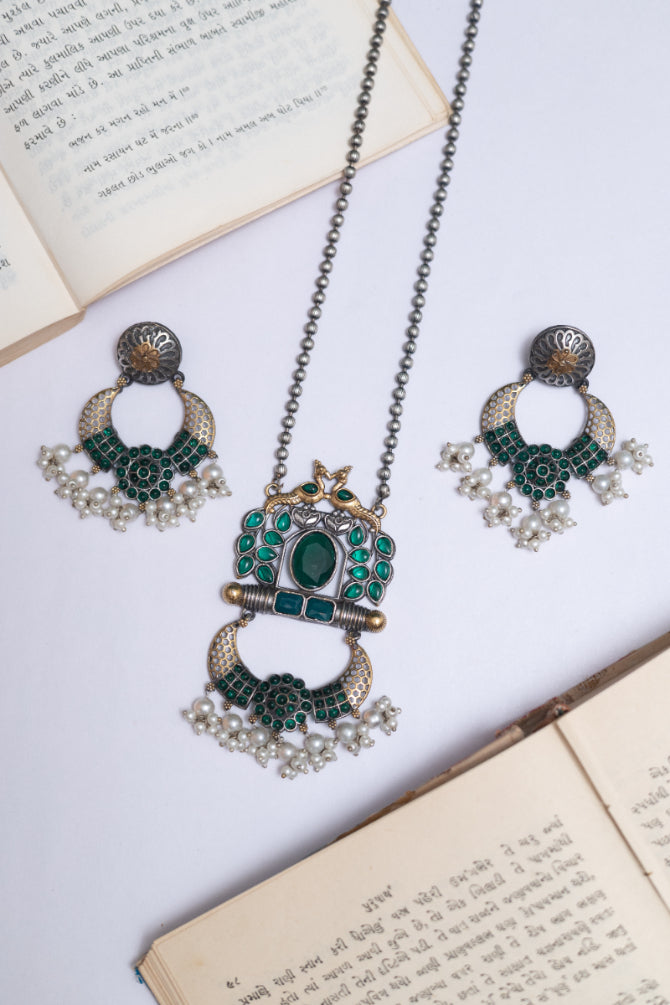 Emerald Bloom German Silver & Pearl Dangler Set