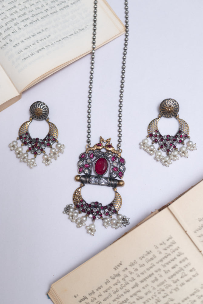 Emerald Bloom German Silver & Pearl Dangler Set