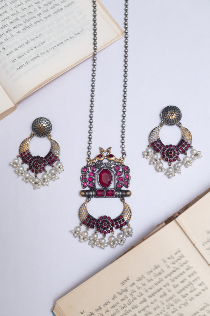 Emerald Bloom German Silver & Pearl Dangler Set