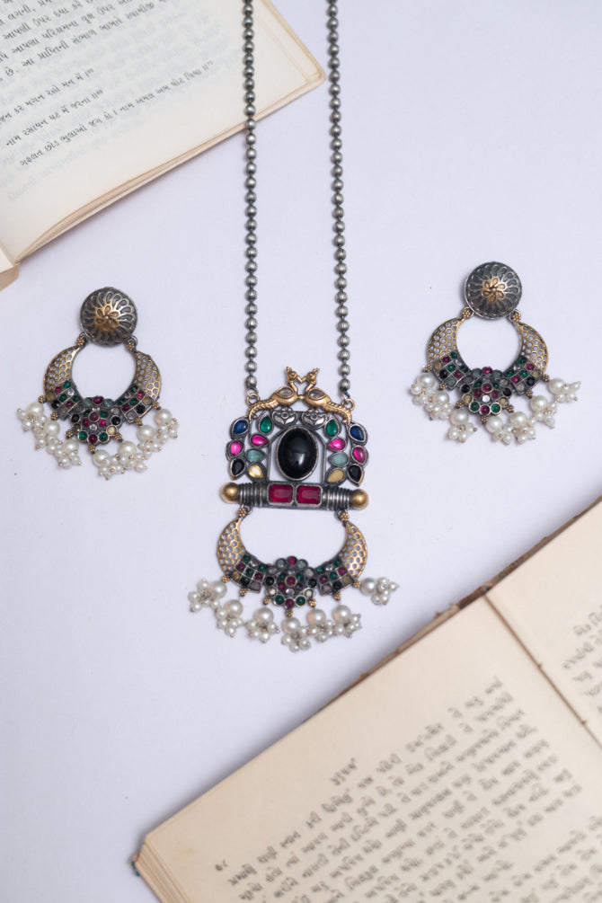 Emerald Bloom German Silver & Pearl Dangler Set