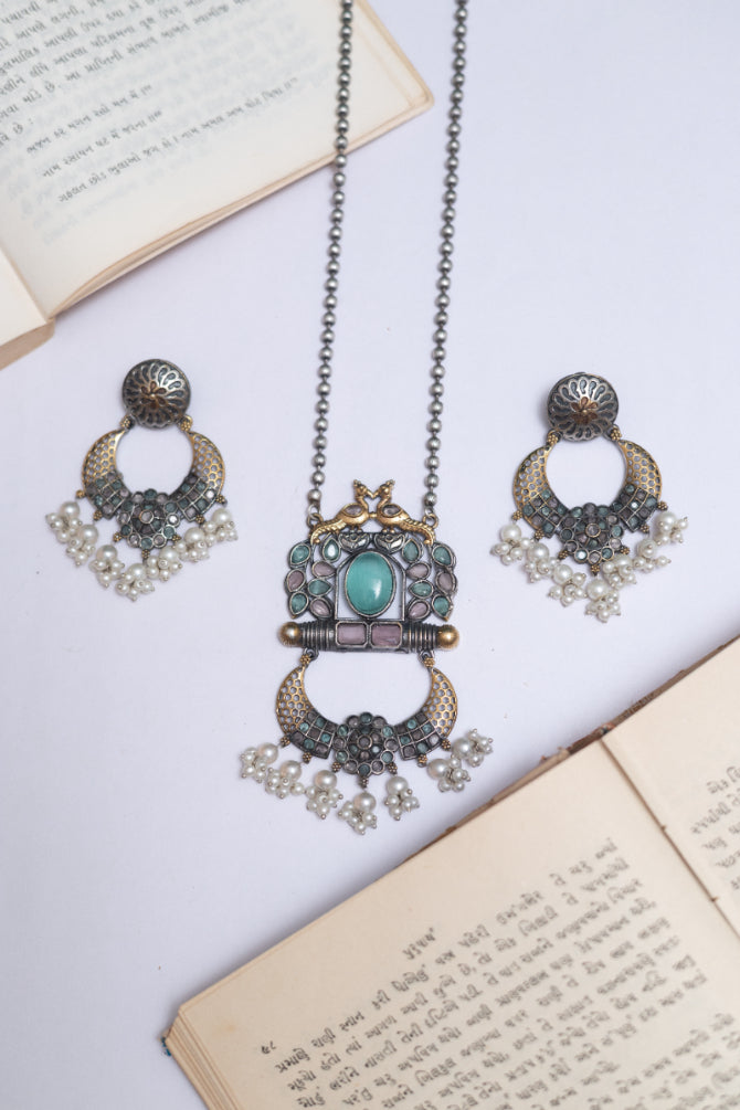 Emerald Bloom German Silver & Pearl Dangler Set