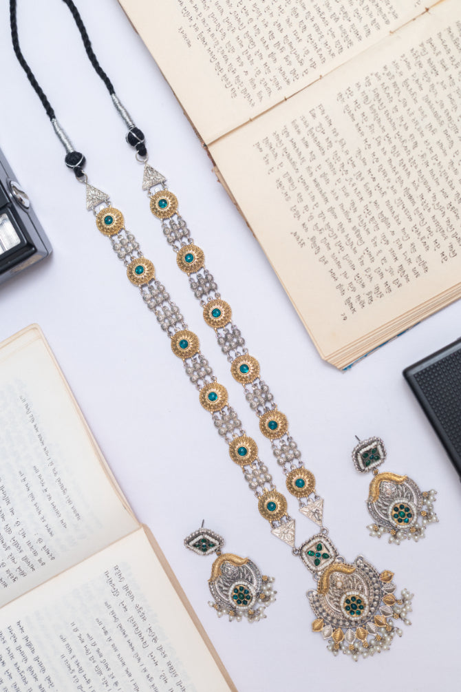 Grand Heirloom Two-Tone  Necklace with Emerald Accents and Pearl Drops