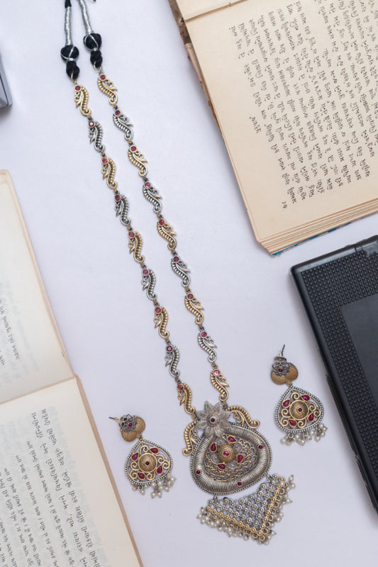 Two-Tone German Silver Necklace Set with Ruby Beads, and Pearl Drops