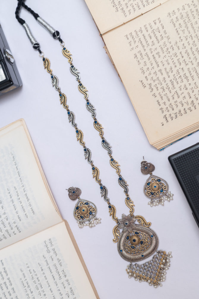 Two-Tone German Silver Necklace Set with Ruby Beads, and Pearl Drops