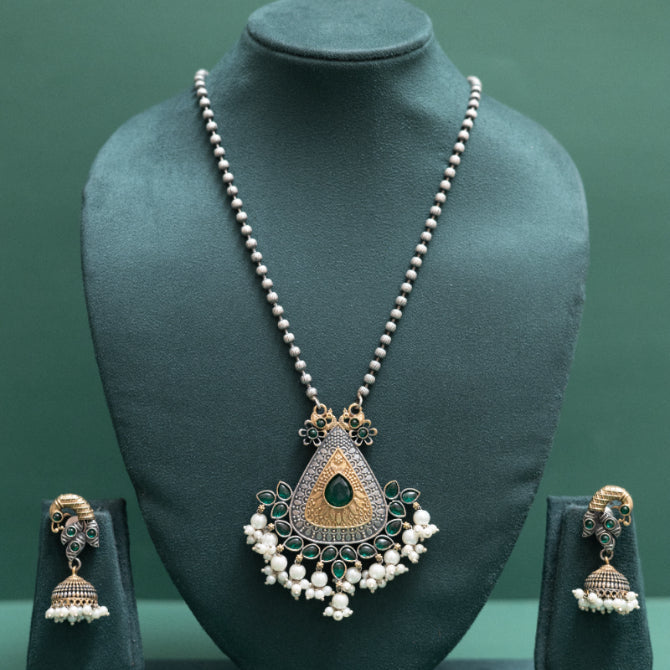 Antique Pear-Cut Emerald Pendant with Beaded Chain and Jhumka Earrings
