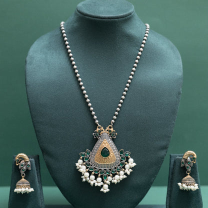 Antique Pear-Cut Emerald Pendant with Beaded Chain and Jhumka Earrings