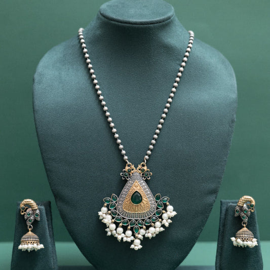 Antique Pear-Cut Emerald Pendant with Beaded Chain and Jhumka Earrings