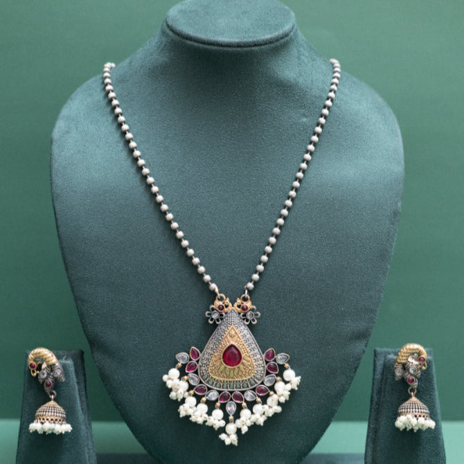 Antique Pear-Cut Emerald Pendant with Beaded Chain and Jhumka Earrings