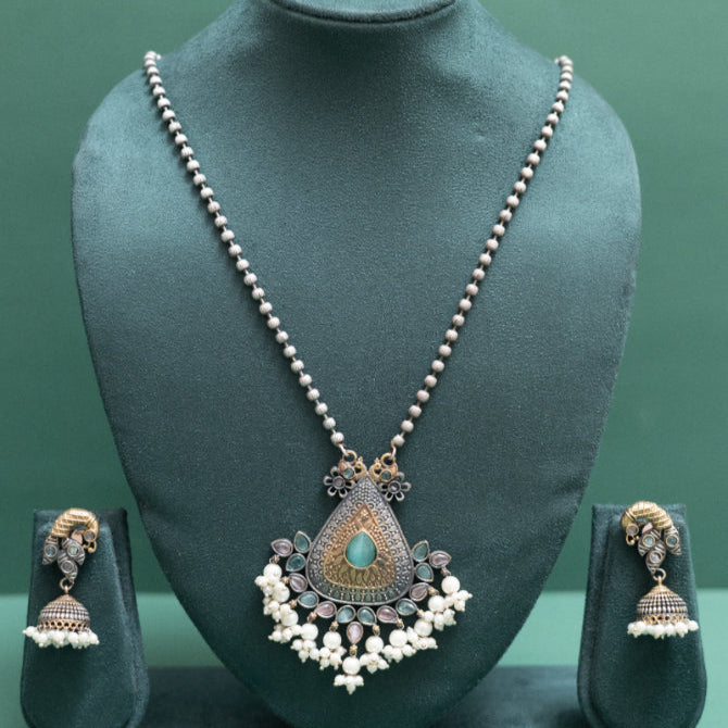 Antique Pear-Cut Emerald Pendant with Beaded Chain and Jhumka Earrings