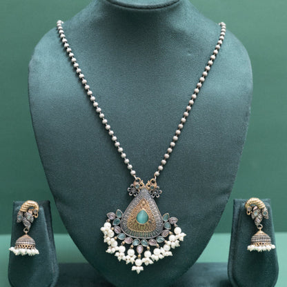 Antique Pear-Cut Emerald Pendant with Beaded Chain and Jhumka Earrings