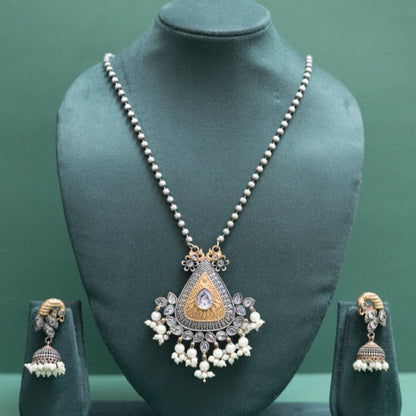 Antique Pear-Cut Emerald Pendant with Beaded Chain and Jhumka Earrings