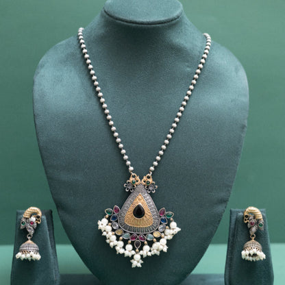 Antique Pear-Cut Emerald Pendant with Beaded Chain and Jhumka Earrings