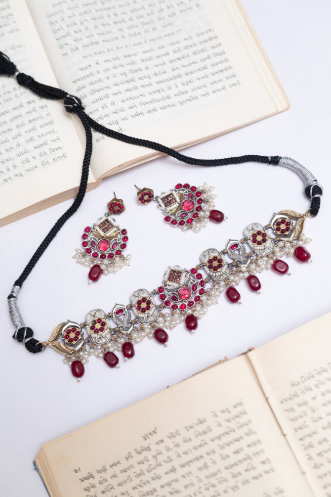 German Silver Ruby & Pearl Choker Necklace Set with Earrings