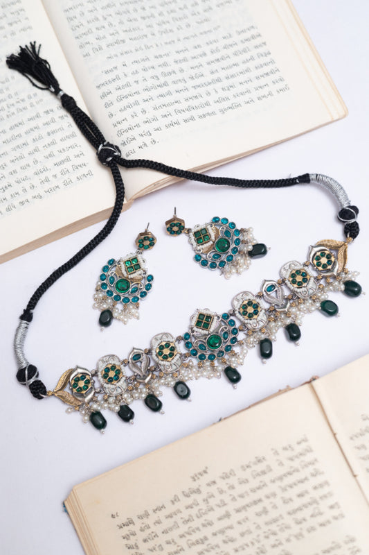 German Silver Ruby & Pearl Choker Necklace Set with Earrings