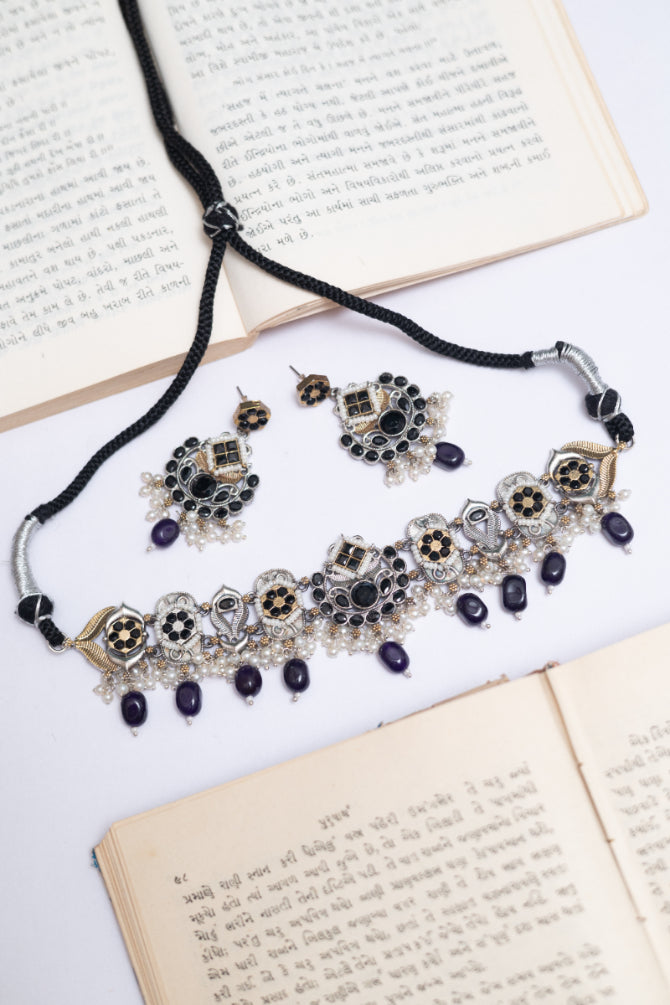 German Silver Ruby & Pearl Choker Necklace Set with Earrings