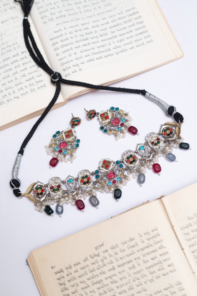 German Silver Ruby & Pearl Choker Necklace Set with Earrings