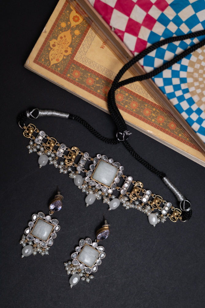 German Silver Stone & Kundan Choker with Earrings