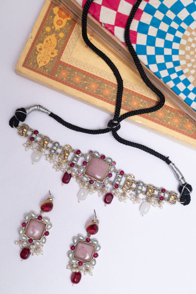 German Silver Stone & Kundan Choker with Earrings