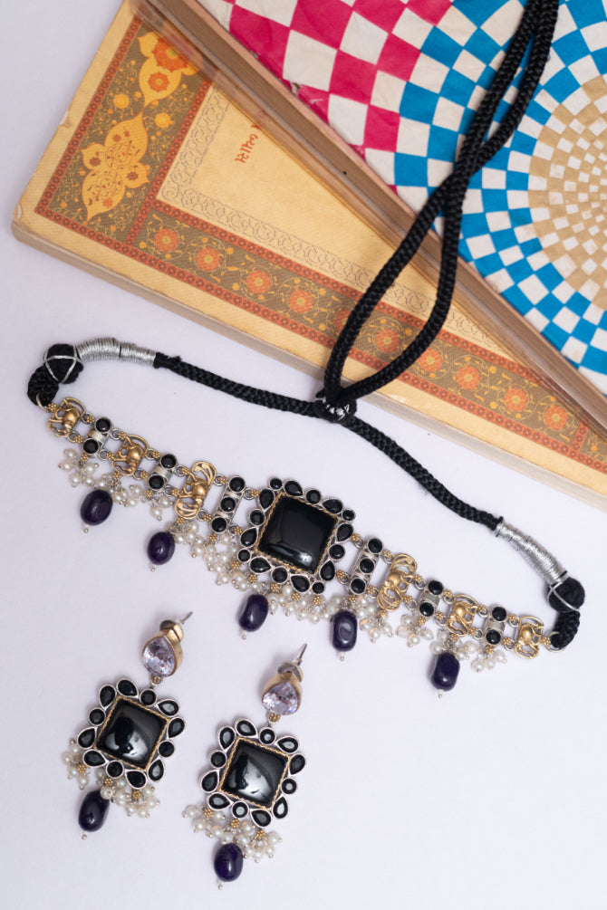 German Silver Stone & Kundan Choker with Earrings
