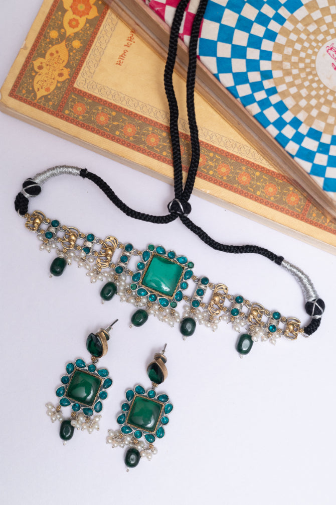 German Silver Stone & Kundan Choker with Earrings