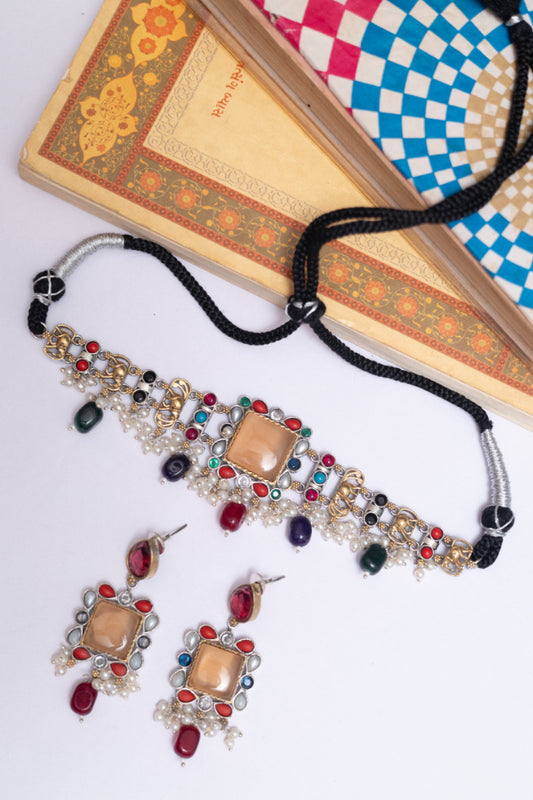German Silver Stone & Kundan Choker with Earrings