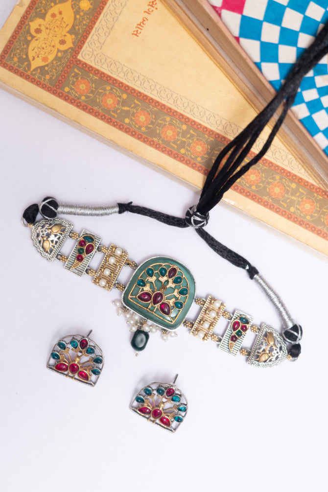 Tribal Fusion Two Tone Stone Choker Necklace Set with Pearl Accents