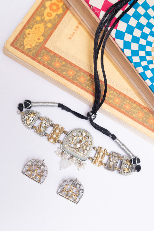 Tribal Fusion Two Tone Stone Choker Necklace Set with Pearl Accents