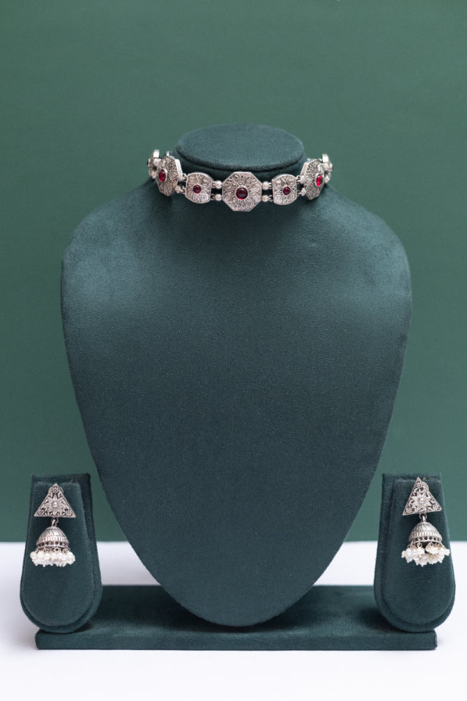 German silver choker necklace with ruby stones