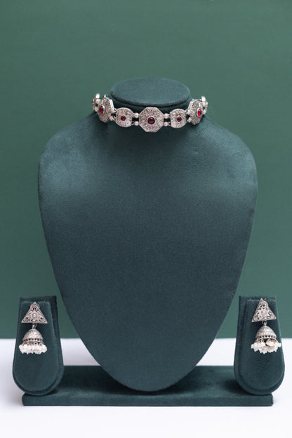German silver choker necklace with ruby stones