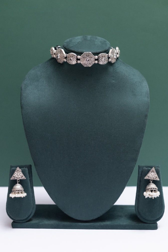 German silver choker necklace with ruby stones