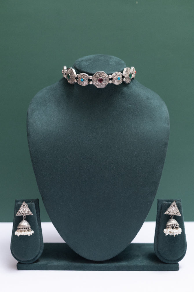 German silver choker necklace with ruby stones