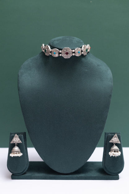 German silver choker necklace with ruby stones