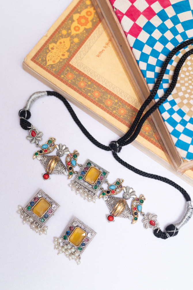 German Silver Choker Set with  Stones and Pearl Drops