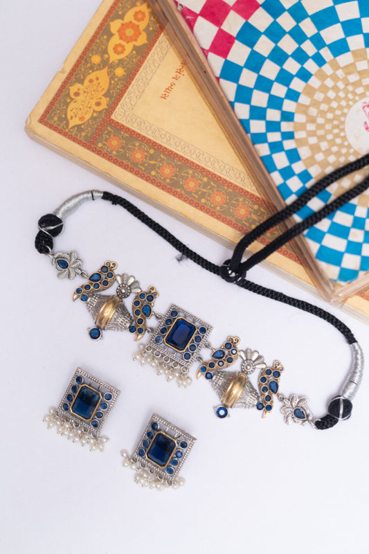 German Silver Choker Set with  Stones and Pearl Drops