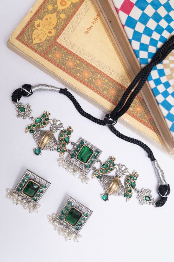 German Silver Choker Set with  Stones and Pearl Drops