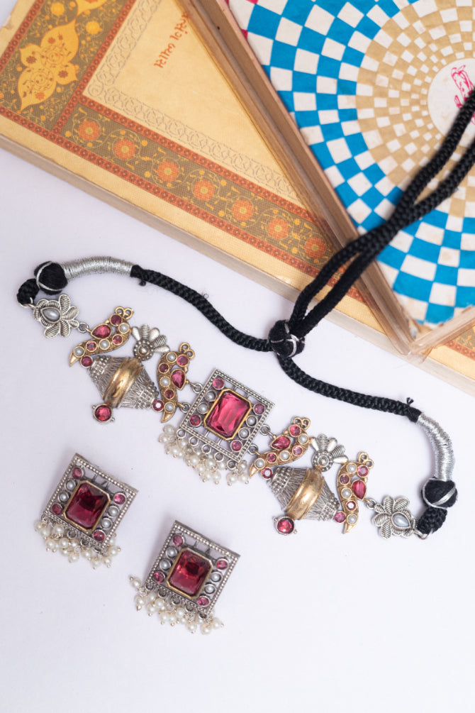 German Silver Choker Set with  Stones and Pearl Drops