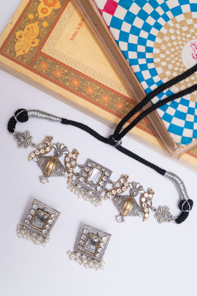 German Silver Choker Set with  Stones and Pearl Drops