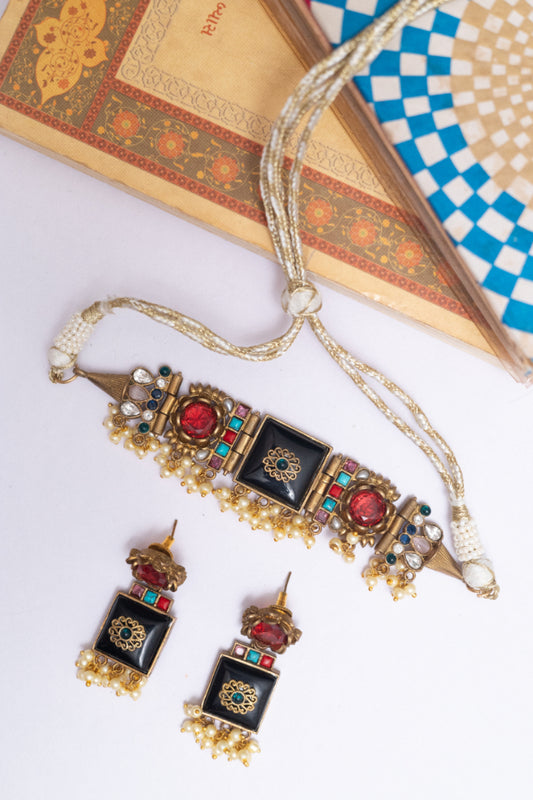 German Silver  Onyx & Kundan Pearl Choker Set