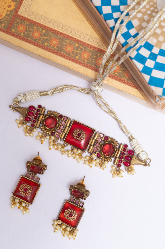 German Silver  Onyx & Kundan Pearl Choker Set