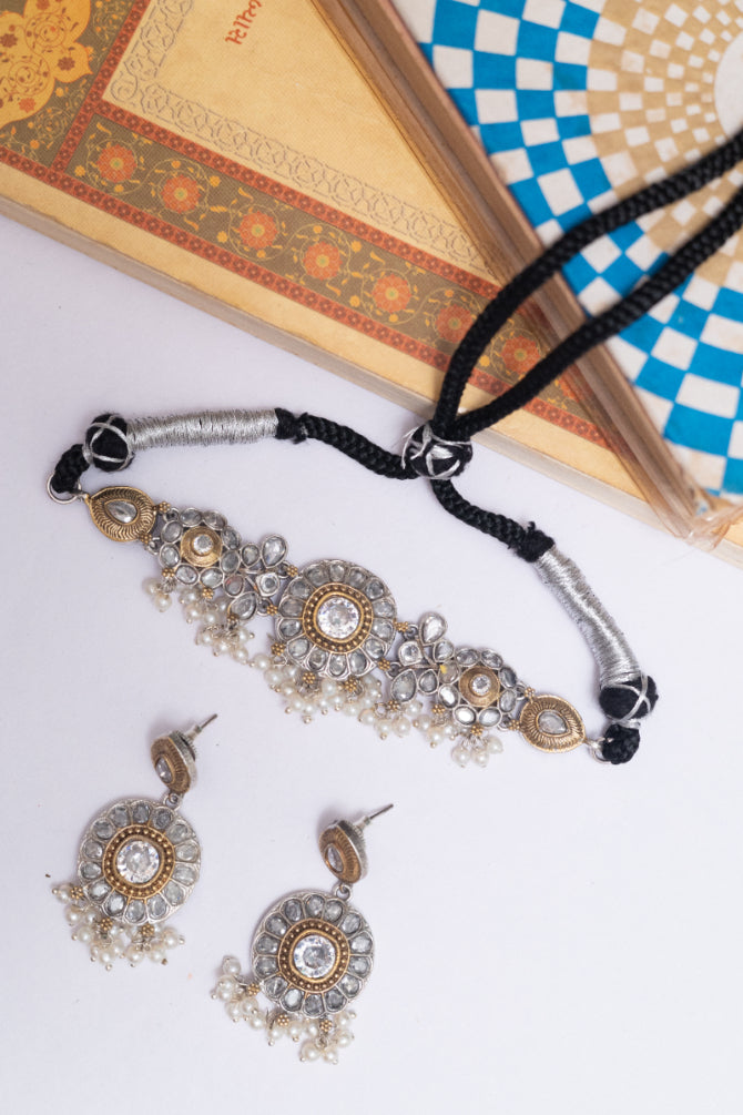 Two-Tone Kundan Stone Choker Necklace Set with Pearl Drops