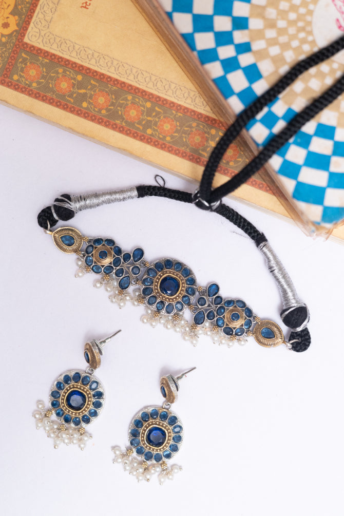 Two-Tone Kundan Stone Choker Necklace Set with Pearl Drops