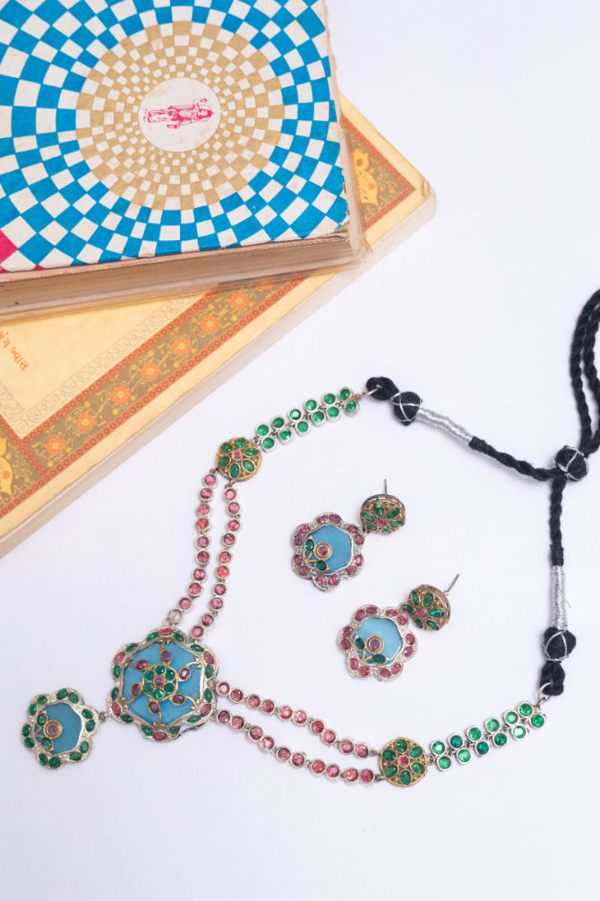 Aqua Blossom Kundan & Pearl Heritage Necklace Set