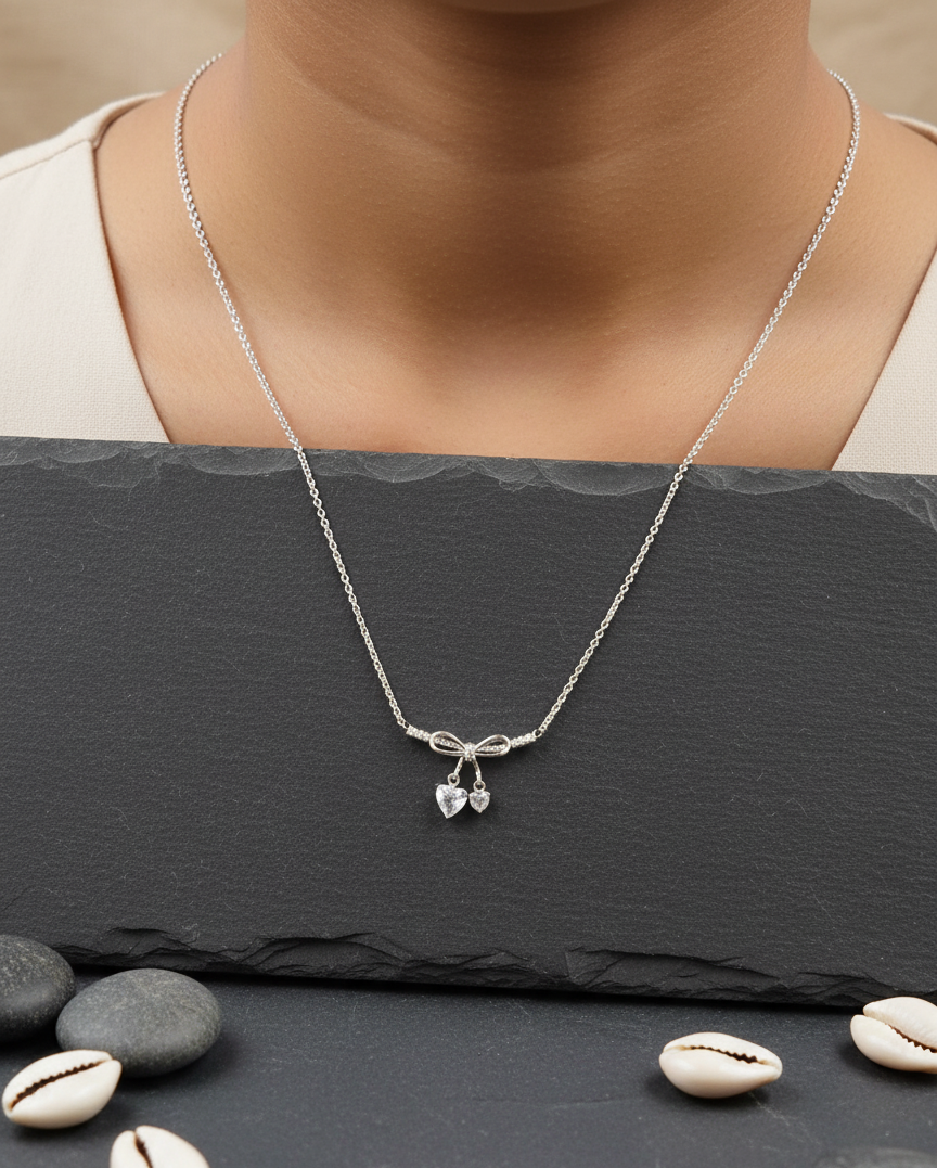 Dainty Bow Twin Hearts Silver Necklace