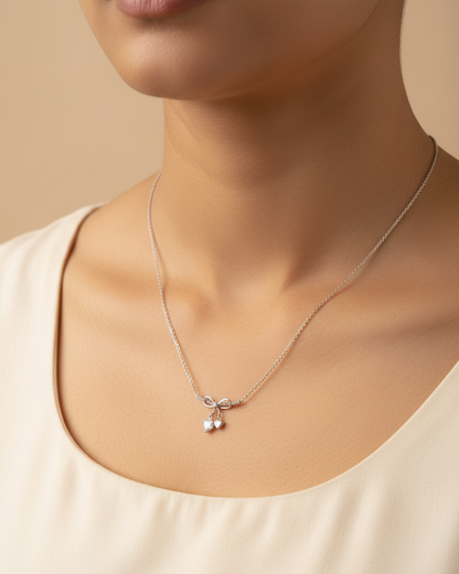 Dainty Bow Twin Hearts Silver Necklace