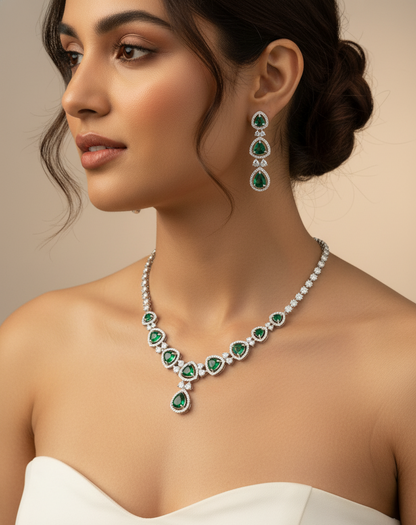 American Diamond & Emerald Cascade Necklace Set