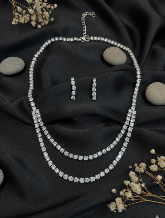 Dual-Layer American Diamond Necklace with Earrings