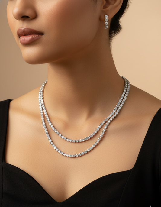 Dual-Layer American Diamond Necklace with Earrings