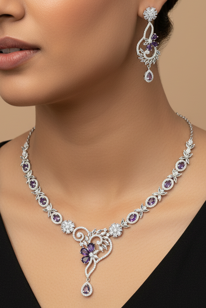 Enchanted Amethyst Bloom Necklace with Dainty Earrings