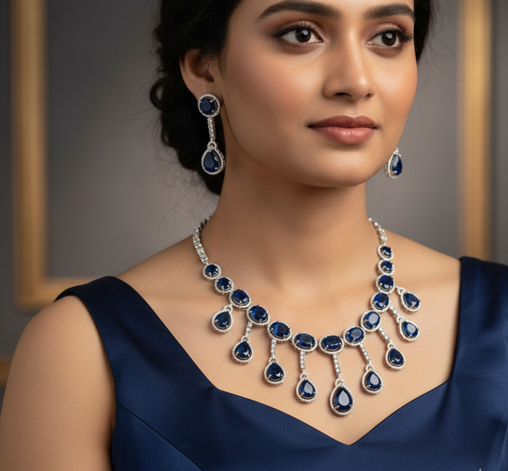 Midnight Sapphire Cascade Necklace & Earring